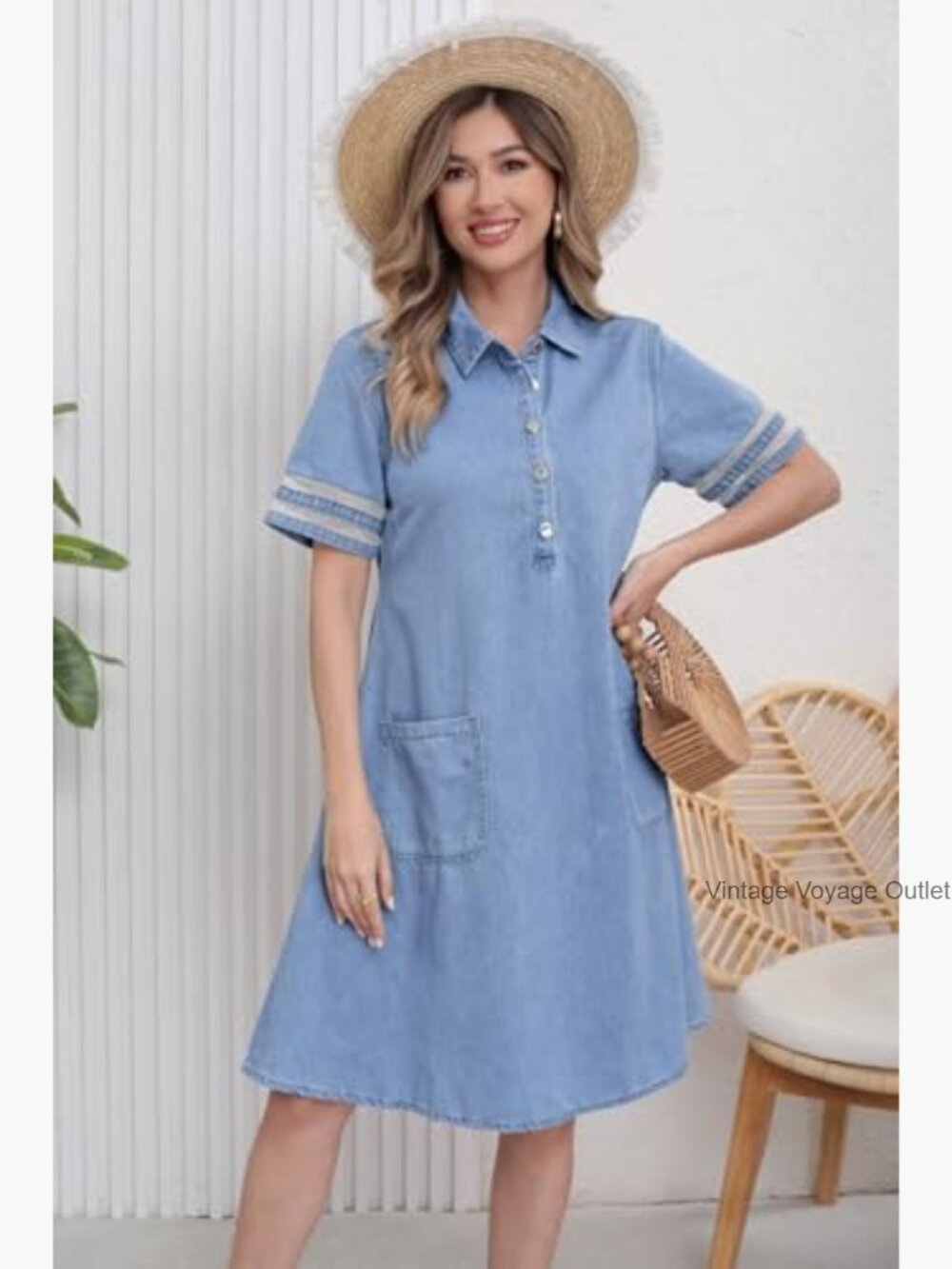 Tulle Sleeve Denim Midi Dress with Pockets A-Line Button Front - Picture 4 of 7